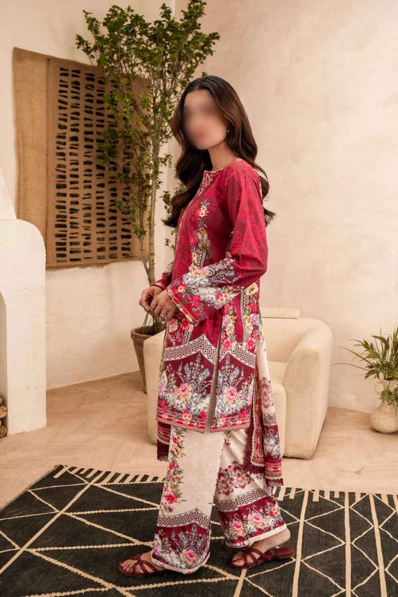 Side view of Firdous Printed Lawn 3 Piece Suit highlighting detailed printed lawn shirt sleeves and printed cambric trousers