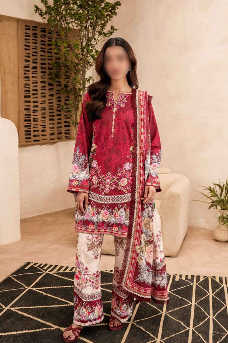 Firdous Printed Lawn 3 Piece Suit showing deep purple printed lawn shirt and matching printed voile dupatta