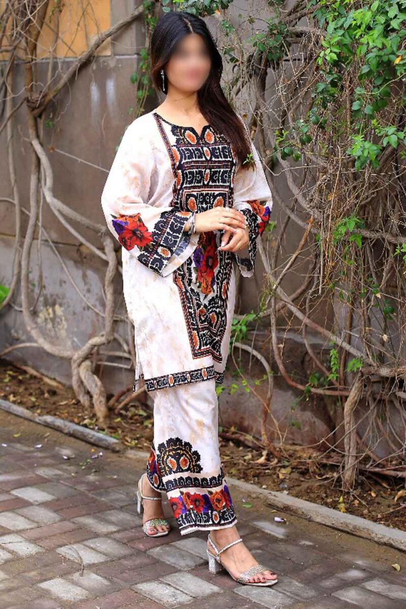 Side view – Swiss Lawn Printed Stitched 2 Piece – Clothline Side view of Swiss Lawn Printed Stitched 2 Piece women’s outfit by Clothline, showing detailed stitching and fabric texture